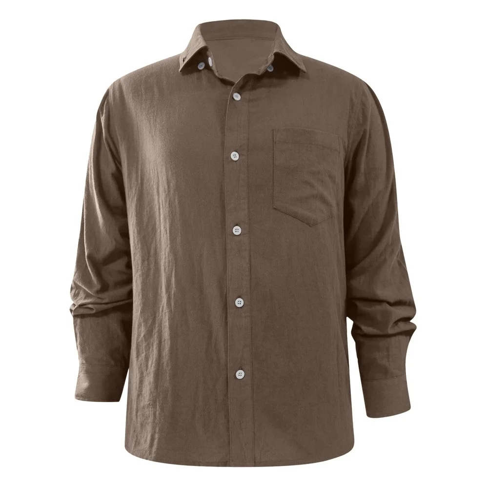 Zogaa Pure color casual lapel cardigan cotton and linen loose casual retro men's shirt