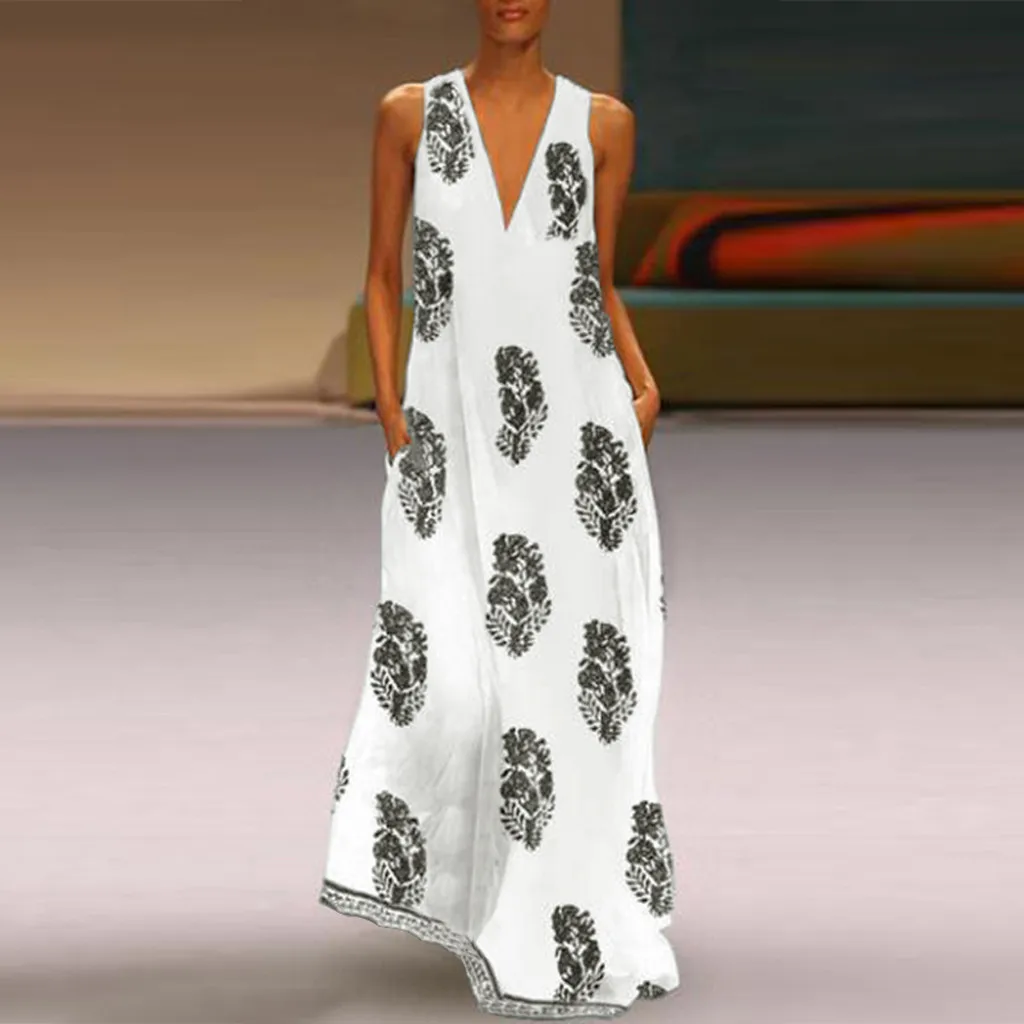 

2021 Women Plus Size Fashion Dress Daily Sleeveless Casual V-neck Sleeveless Boho Floral Sundress Comfy Elegant Loose Dresses