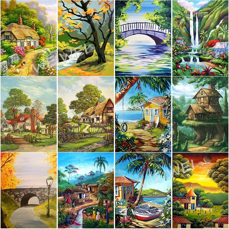5D Diy Diamond Painting Full Square Round Drill Cartoon Green Landscape House Cross Stitch Diamond Embroidery Crafts Home Decor