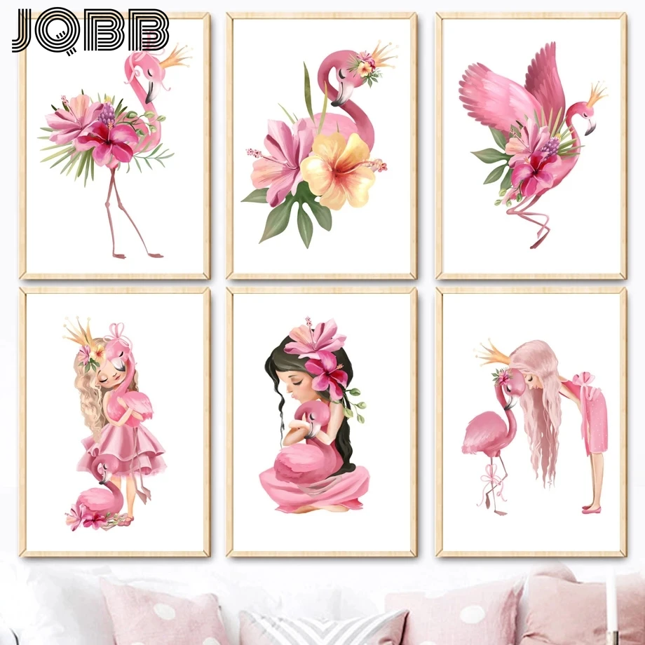 

Nordic Poster Pink Crown Baby Girl Flamingo Flower Wall Art Painting And Printing Nursery Wall Picture Children'S Room Home Deco
