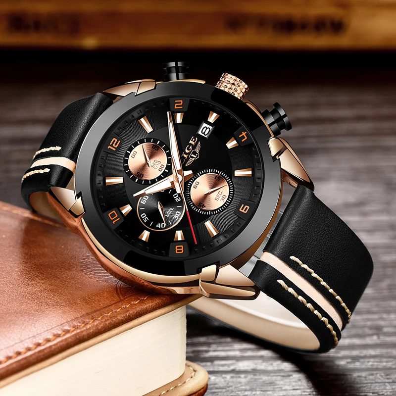 Часы наручные LIGE Мужские кварцевые с кожаным ремешком люксовые брендовые