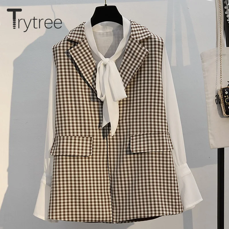 Trytree/осенний женский топ, комплект из трех предметов, с бантиком расклешенный рукав топы с карманами+ юбка, мини-кнопка, офисный женский клетчатый костюм, комплект из 3 предметов