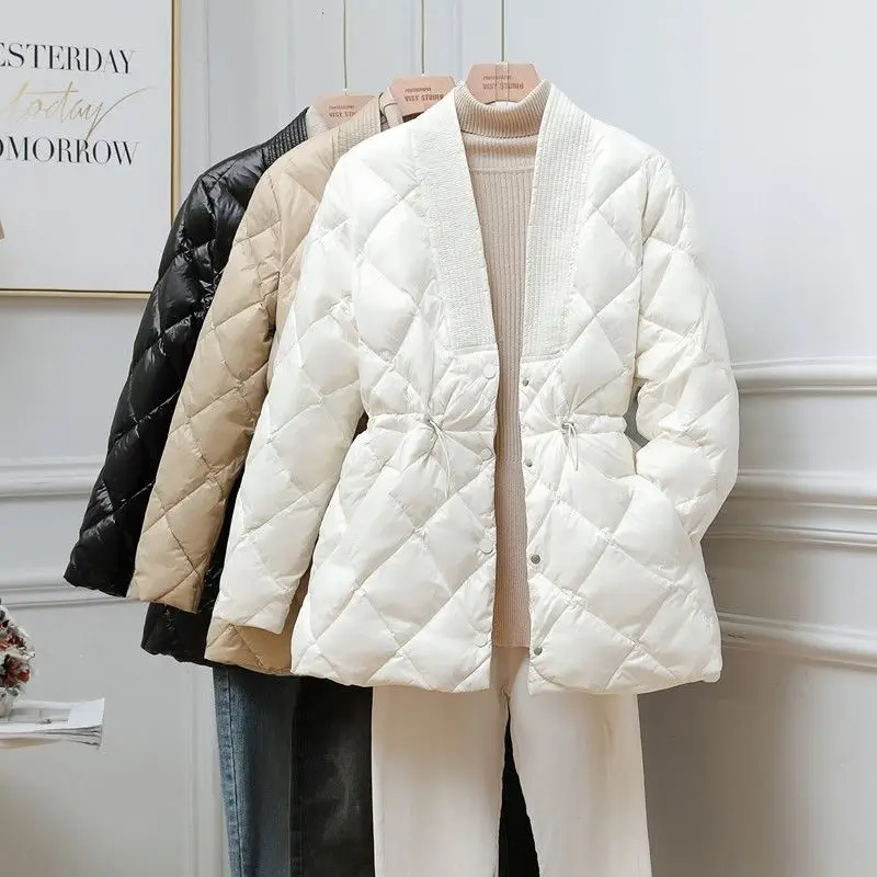 

Autumn And Winter New Diamond Cotton Jacket Women's Mid-Length Big V-Neck Waist Slimming Coat Female