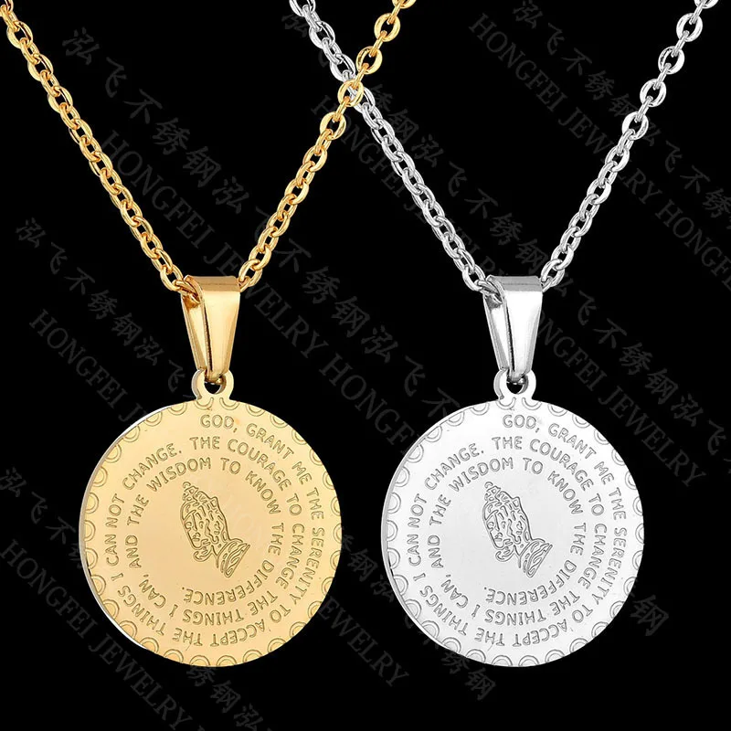 

Bible Verse Prayer Necklaces for Men Woman Stainless Steel Praying Hands Coin Medal Chocker Pendant Necklace Christian Jewelry