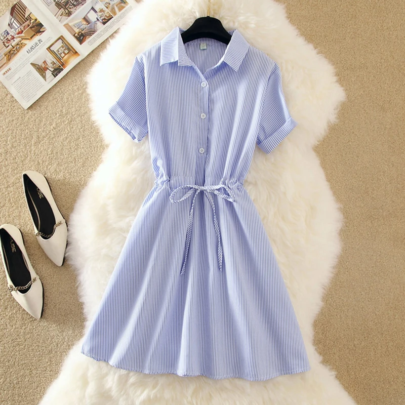 Женское летнее платье в полоску элегантное офисное рубашка с коротким рукавом и