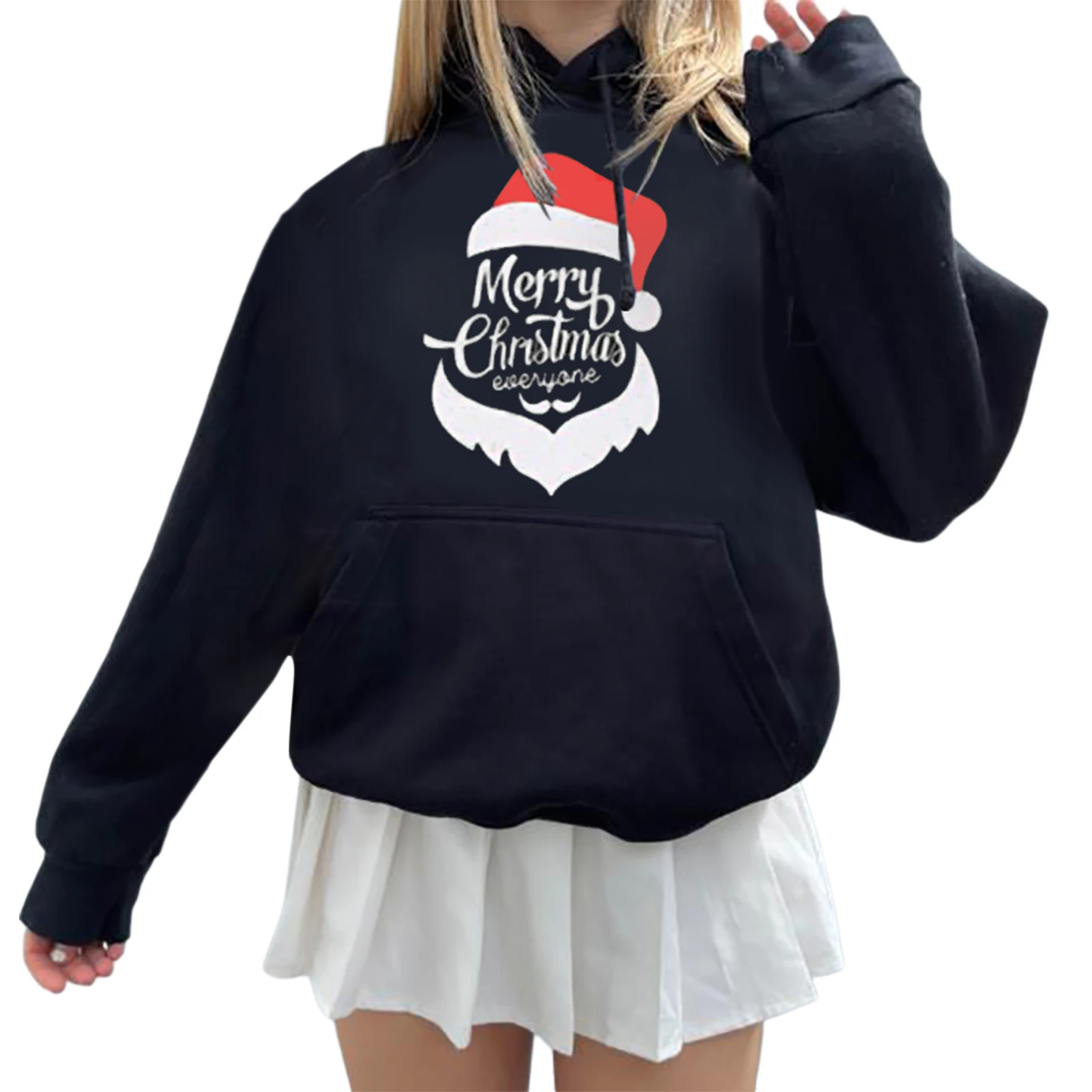 

hirigin New Fashion Women Christmas Printed Sweatshirt Adults Long Sleeve Hooded Pullover with Pocket Drawstring for Ladies