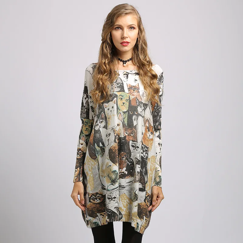 

Autumn Simple Printing Large Size Knitted Loose Bat Top Female Long Sleeve Hot Sell Cashmere Cardigans Sweater