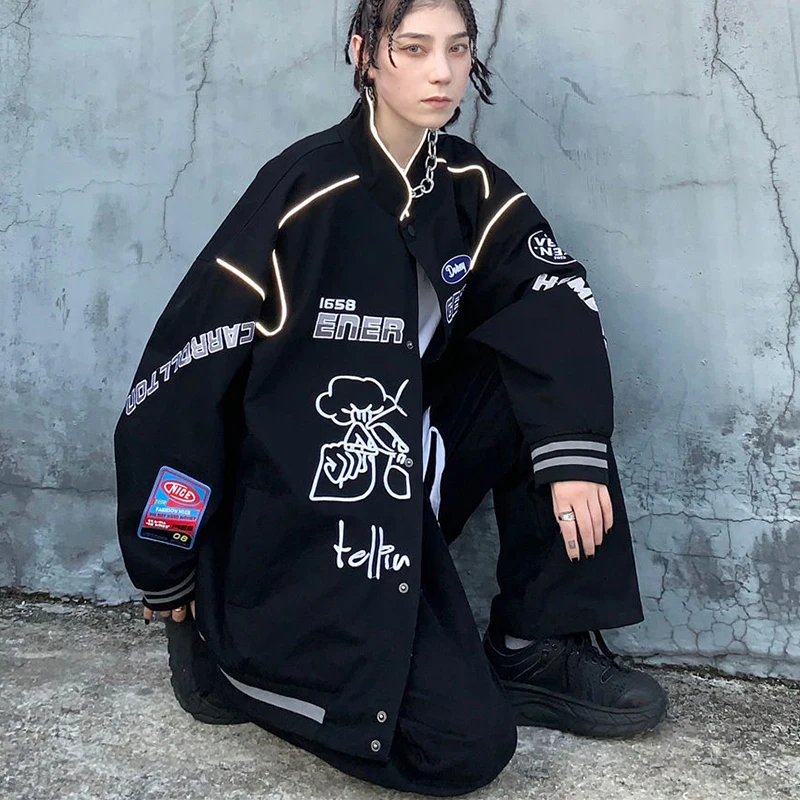 

Dark Goth Graphic Print Woman Jacket Coat Stand Collar Vintage Streetwear Mujer Hip Hop Fashion Oversized Outerwear 2021 Autumn