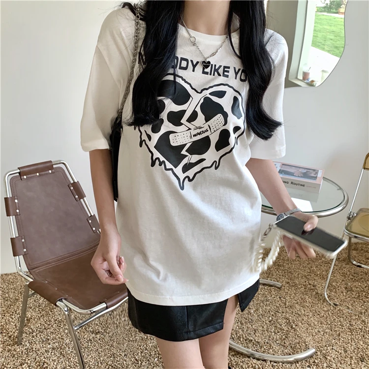 

2272 Korean version of 2021 new dark love print loose mid-length short-sleeved T-shirt