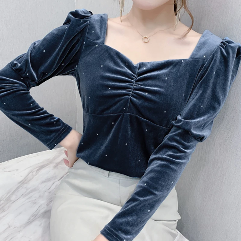 

Lucyever Autumn Women Velvet T Shirt Elastic Puff Long Sleeve Fashion Korean Square Collar Loose Ladies Basic Tops Casua Tees