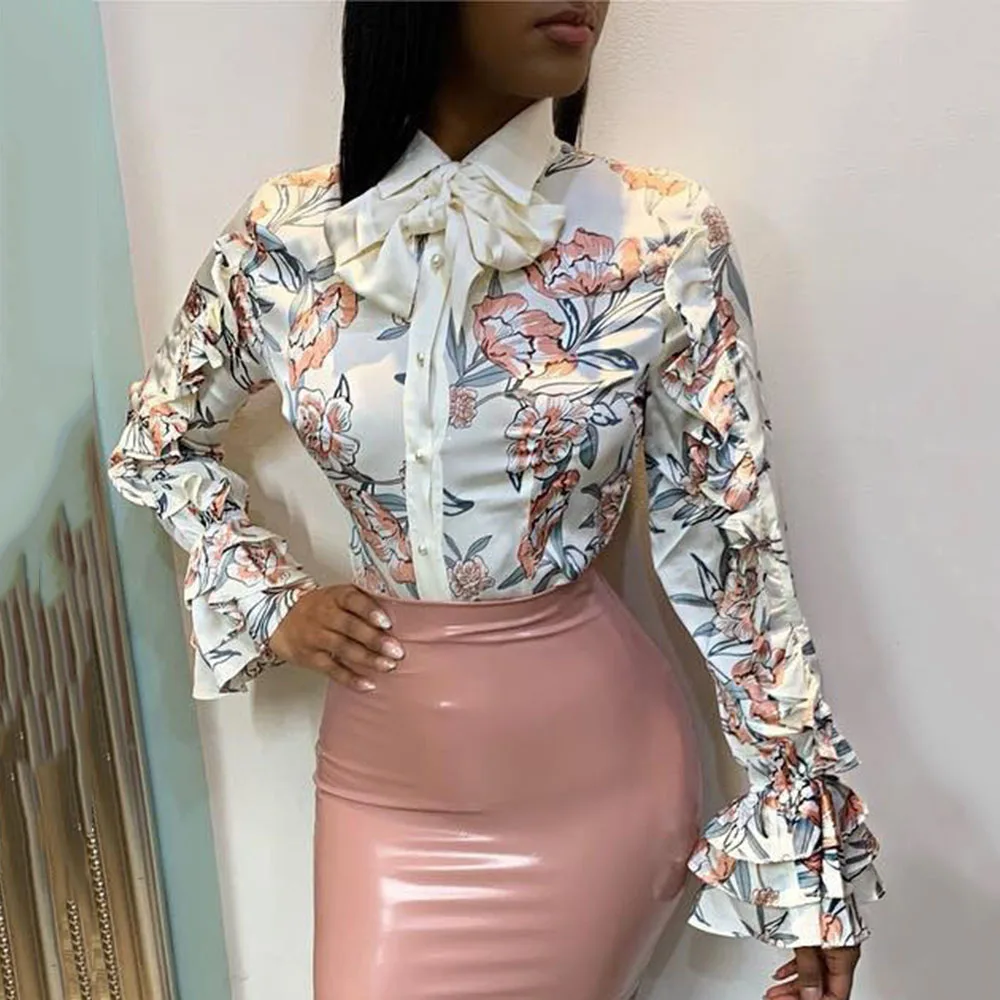 Винтажная белая рубашка с цветочным принтом Женские топы длинным рукавом