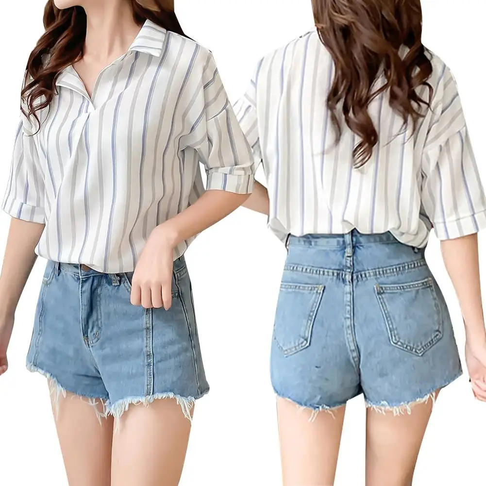 Модная женская рубашка в полоску с коротким рукавом V образным вырезом и отложным