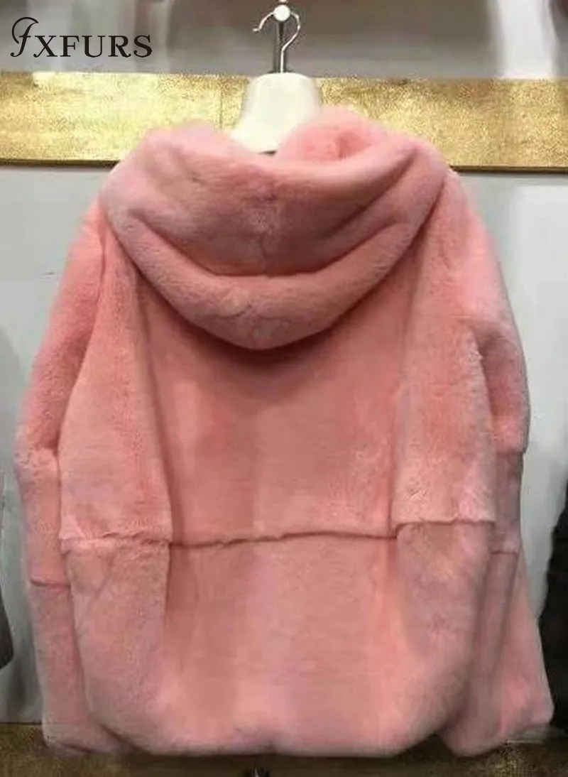 dark pink Натуральный настоящий мех кролика пальто из цельной кожи меховая одежда женская зимняя короткая куртка с капюшоном верхняя одежда с длинными рукавами однотонное пальто - Цвет: dark pink