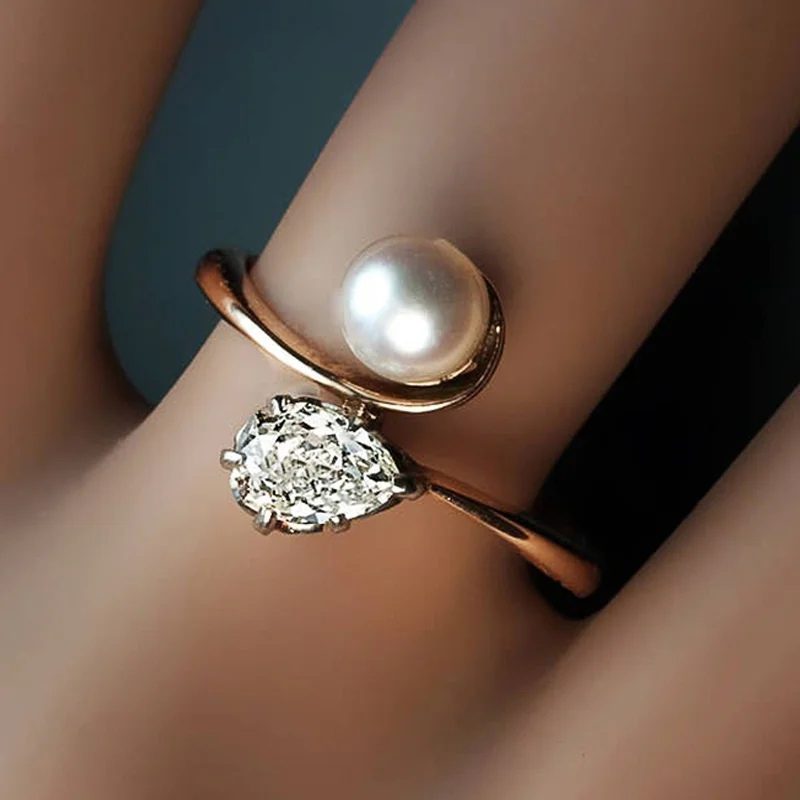 

JK Romantic Novel Women Ring Rose Gold Color Fine Pearl Bright Pear Cubic Zirconia Fashion Party Gorgeous Wedding Jewelry