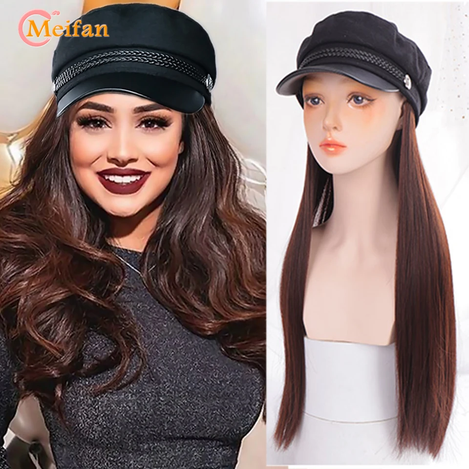 

MEIFAN военный берет в стиле винтаж головные уборы парик длинные волнистые синтетические волосы с темно-синей кепкой парик все-в-одном черная ...