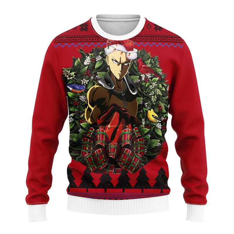 

One Punch Man Santa Sweatshirt Funny Kawaii Anime Hoodie Harajuku Ugly Christmas Couple Coats Red Punk Pullover Hip Hop Streetwe