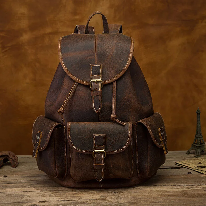 Brown Crazy Horse, мужской рюкзак из воловьей кожи, школьные сумки, мужской рюкзак для путешествий, сумка Camputer, винтажный рюкзак из натуральной кожи, Новинка - Цвет: Brown
