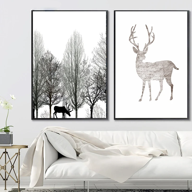 Минималистичная черно-белая Картина на холсте мультфильм Животные Дерево плакат