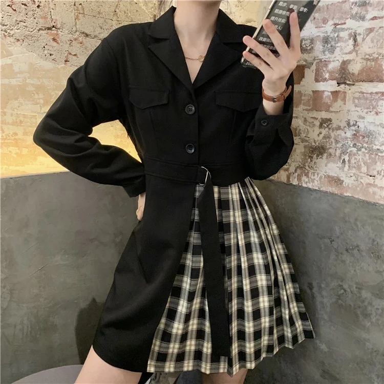 

CMAZ Dress For WomenReal Shot Price Stitching Pleated Plaid Suit Skirt Even