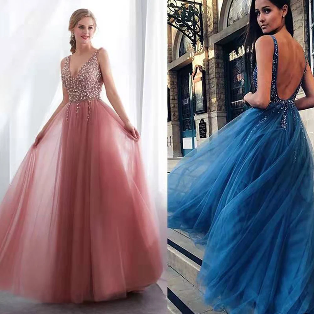 

Dioflyusa Woman Cocktail Party Sequins Long Evening Dress Split skirt Blue V Neck Sleeveless Backless Slim Tulle Sexy Ball Gown