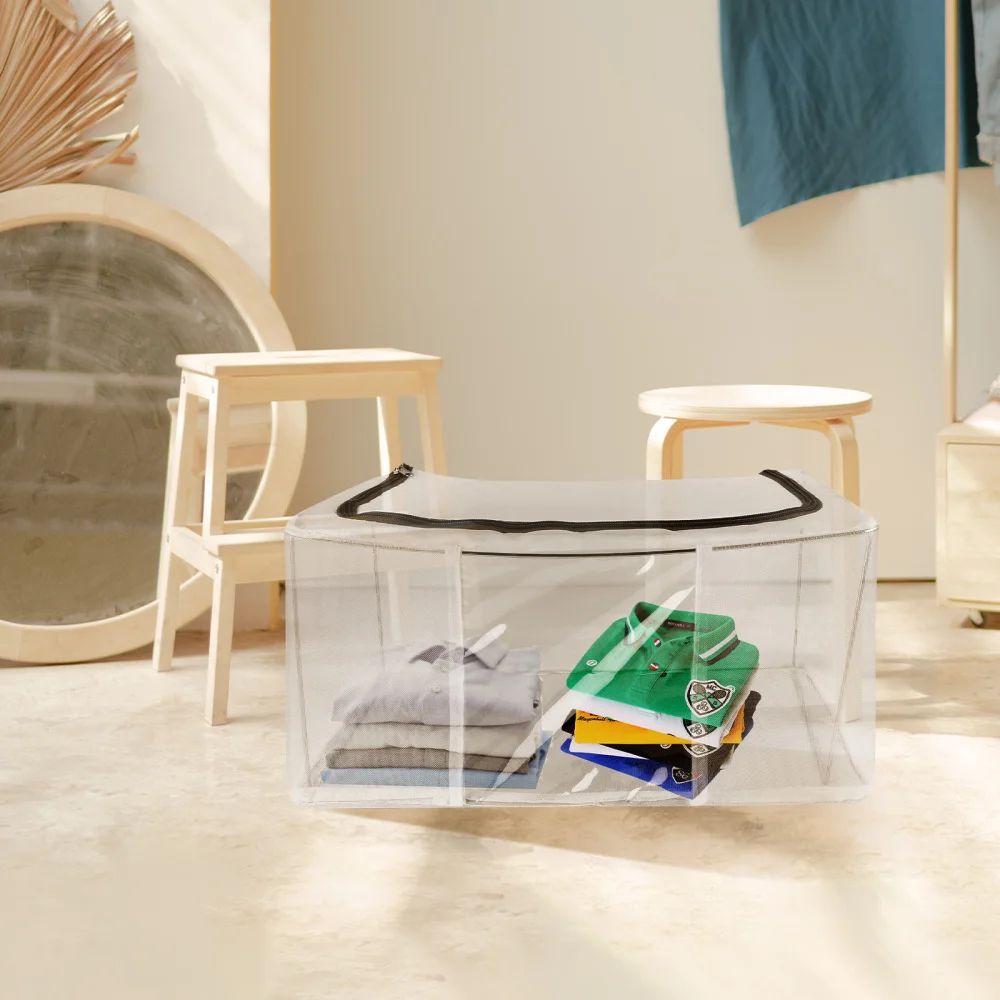 

1Pc Clothes Organizer Home Semitransparent Box with Handle and Zipper (Grey)