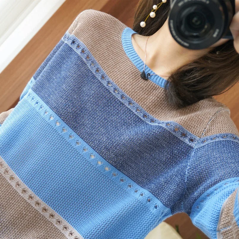 

New Korean Knit Sweater Winter Clothes Women Bottoming Large Size Round Neck Loose Color Hollow Top Women Pullover Coat Sweaters