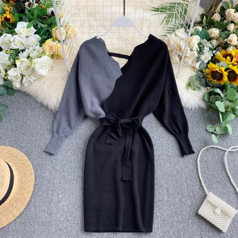 

2021 Spring Y2K Knitted Dresses Women Backless Patchwork Office Lady OL Dress Deep V-neck Vestidos Clothes Streetwear D055
