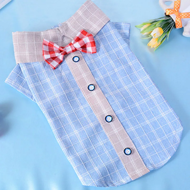 

Summer Bow-Tie Dog Shirt Cotton Plaid Clothes For Dogs Suit Formal T-Shirt For Teddy Bichon French Bulldog Gentleman Dog Clothes