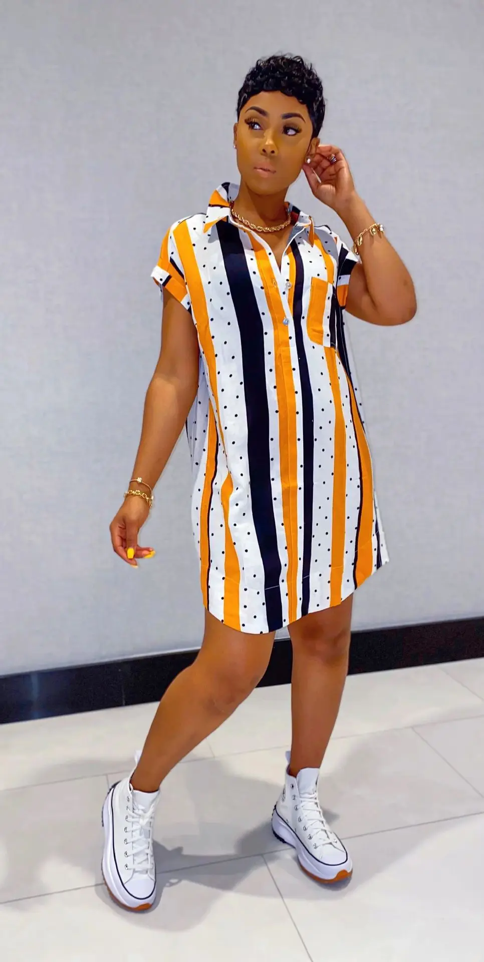 

Ladies Dress Fashion Striped Print Polka Dot Short Sleeve Shirt Dress Casual Long Street Slim Plus Size Dress Women