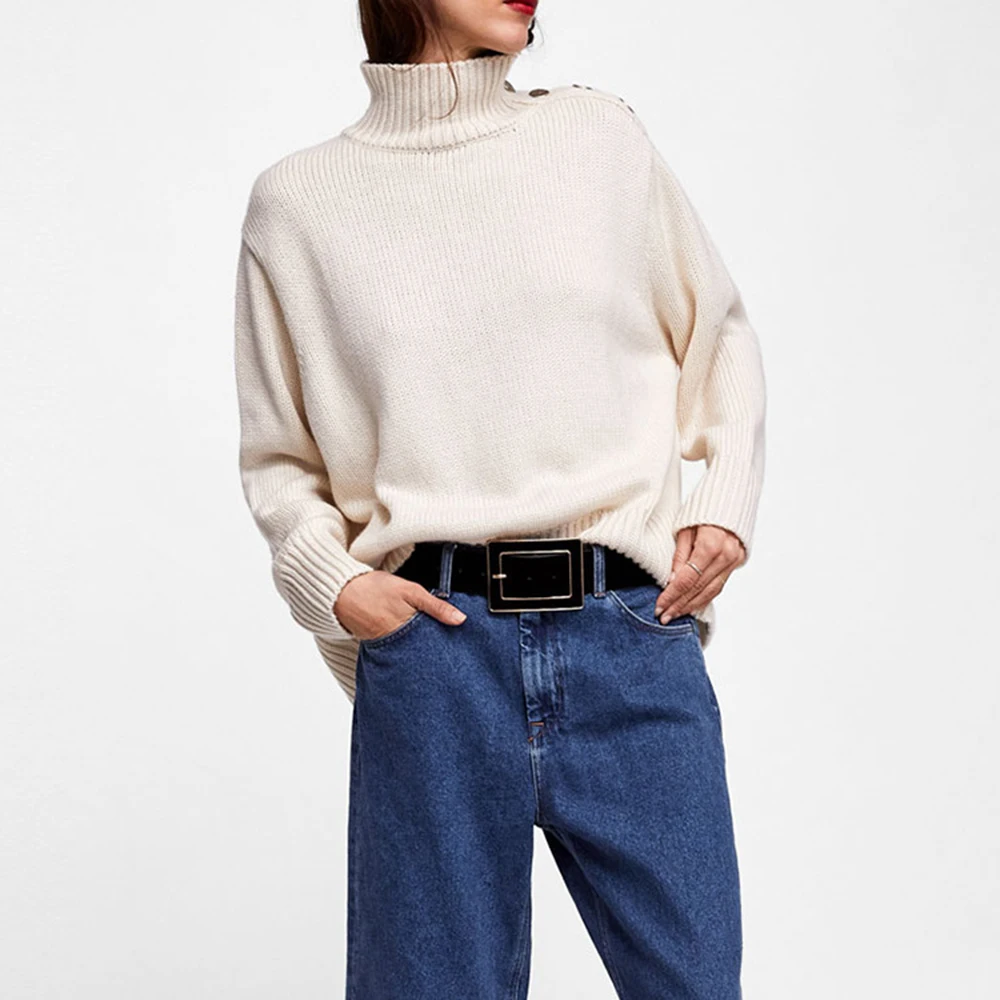 ZA Women's Turtleneck Sweater Five Colors Optional Thick Warm Side Button Decoration Loose Version Regular | Женская одежда