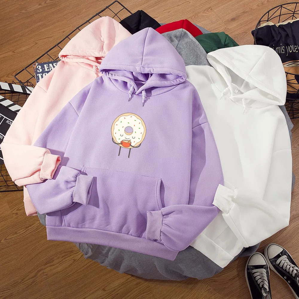 

Милые Пончики с героями мультфильмов, толстовка с капюшоном для женщин, пуловеры, свитер большого размера, милые толстовки Harajuku, женская сер...