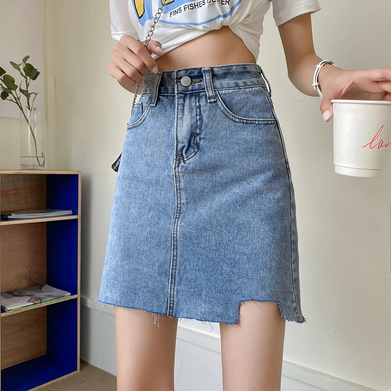 

Irregular denim skirt 2021 summer new high-waisted a-line thin skirt with raw edges and hips