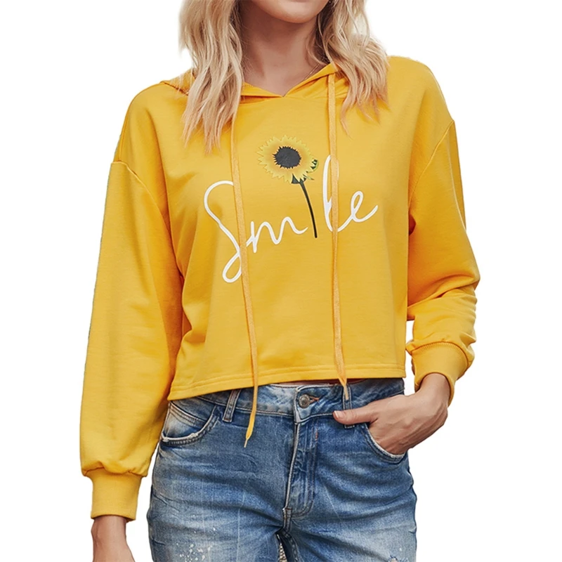 

Women Long Sleeve Drawstring Hoodies Smile Sunflower Print Crop Top Sweatshirt