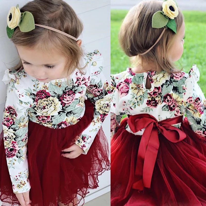 

Baby Autumn Spring Clothing Toddler Infant Baby Girl Princess Dress Long Sleeve Flower Print Tutu Dress Kids Clothes 1-4T