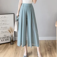 korean elegant fashion 2021 summer pleated wide leg chiffon pants women culottes pants high waist casual trousers for women