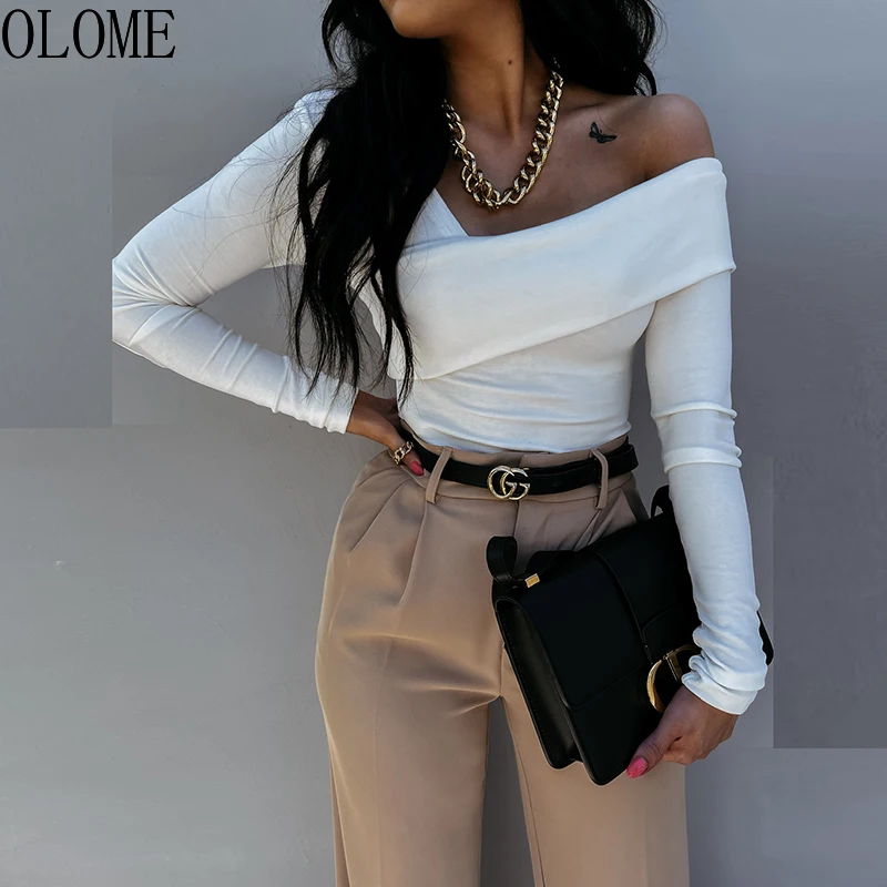 

OLOME Autumn Long Sleeve Casual Elegant Simple Office Lady Solid Blouse Women Sexy Off Shoulder Fashion Pullover