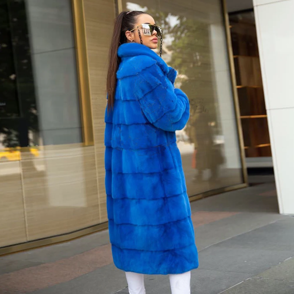 Royal Blue Long Real Mink Fur Coats Woman Winter 2022 New High Street Casual Full Pelt Genuine Mink Fur Coat with Lapel Collar