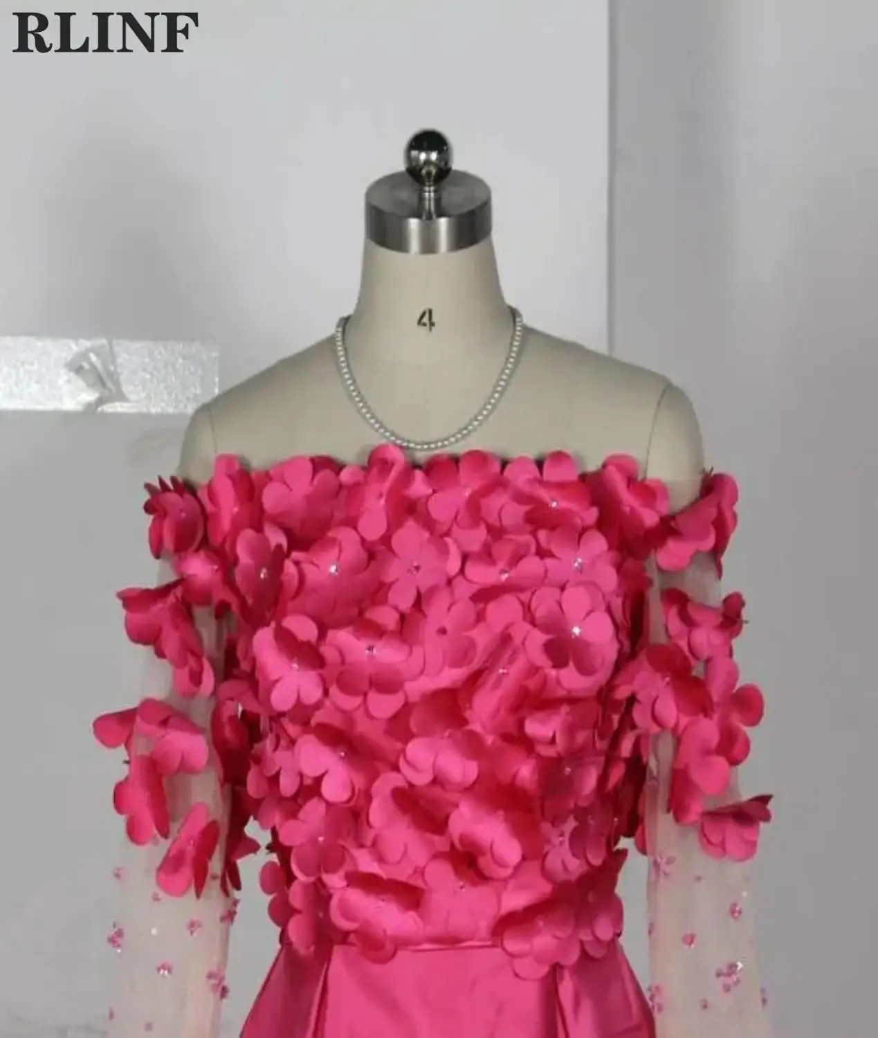 

vestidos Custom Formal Dress Hot Pink Hand Flower Sheer Long Sleeve Boat Neck A Line Evening Dresses