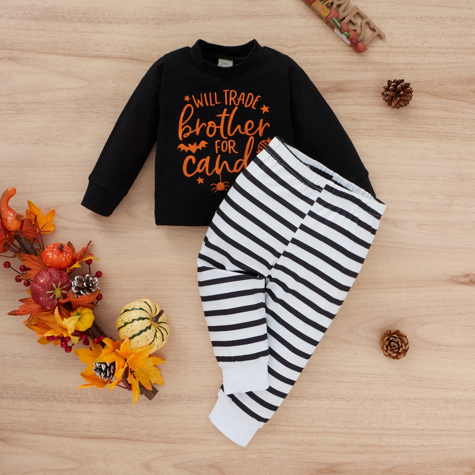

2Pcs Children's Sets Letter Long Sleeves Top Striped Elastic Pants Toddler Girls Boys Spring Autumn Halloween Clothing 9M-4T