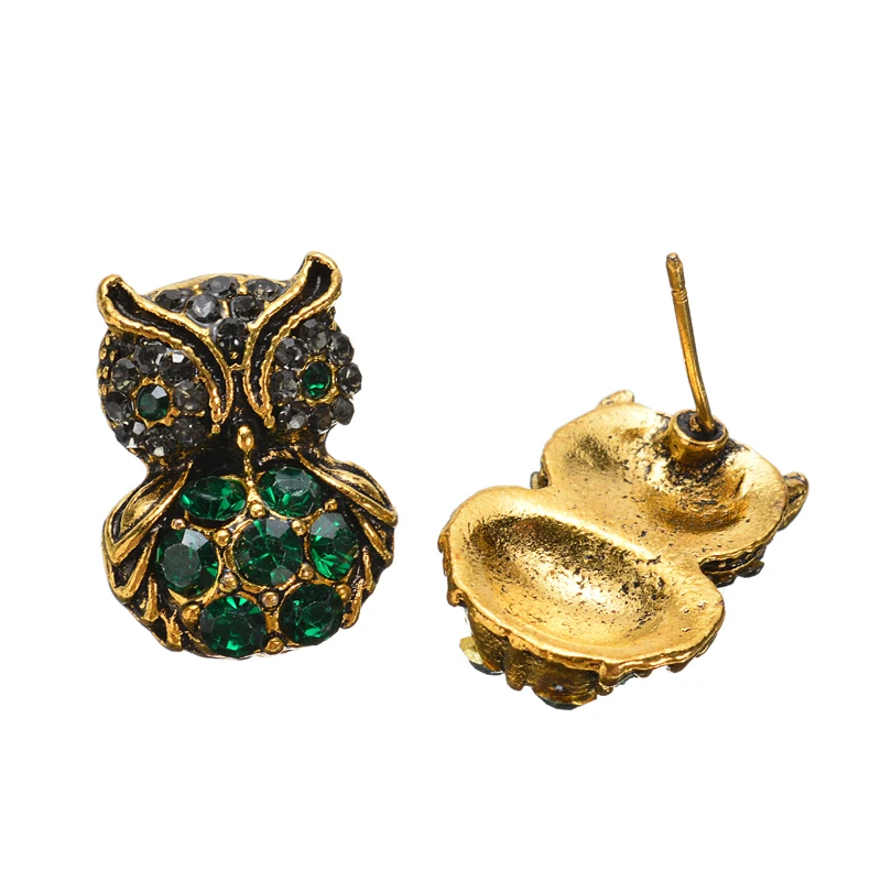 Винтажные серьги гвоздики с зелеными кристаллами в виде совы для женщин Золотые