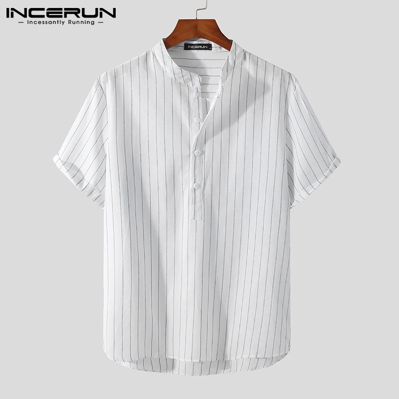 

2021 Men Casual Shirt Striped Stand Collar Short Sleeve Streetwear Men Clothing Harajuku Summer Breathable Camisas S-5XL INCERUN