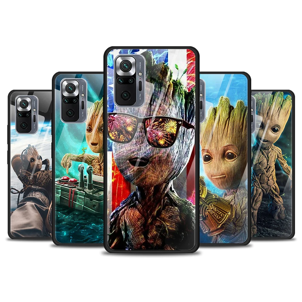

Groot Marvel Avengers for Xiaomi Redmi Note 10 Pro Max 10S 9T 9S 9 8T 8 7 Pro 5G Luxury Tempered Glass Phone Case Cover