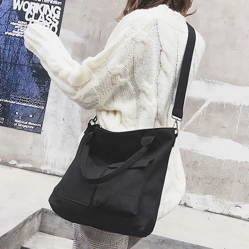 

Women Casual Large Capacity Shopping Bags Solid Color Canvas Retro Ladies Portable Eco Tote Bags