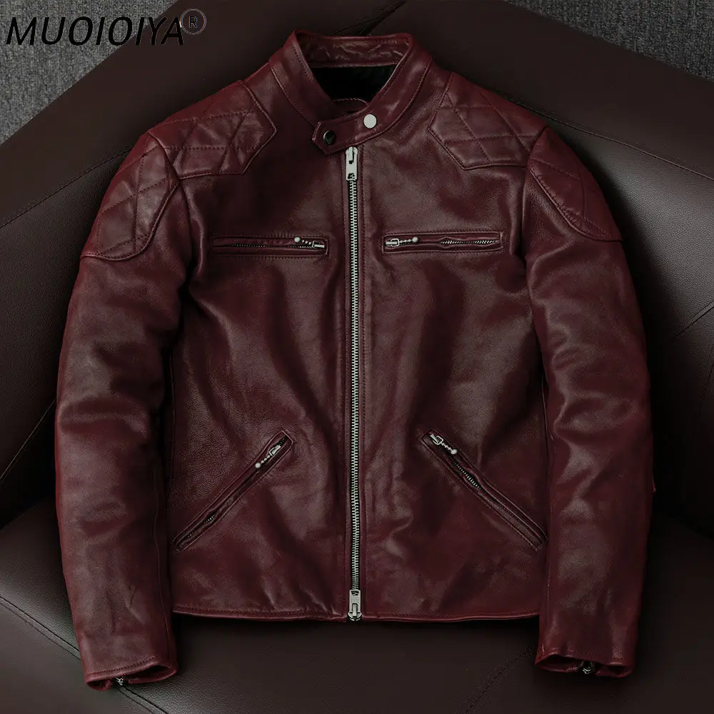 

2021 New Autumn Winter Fashion Men Sheepskin Leather Jacket Motorcycle Vintage Outwear Male Stand Classic Slim Fit Coats W59