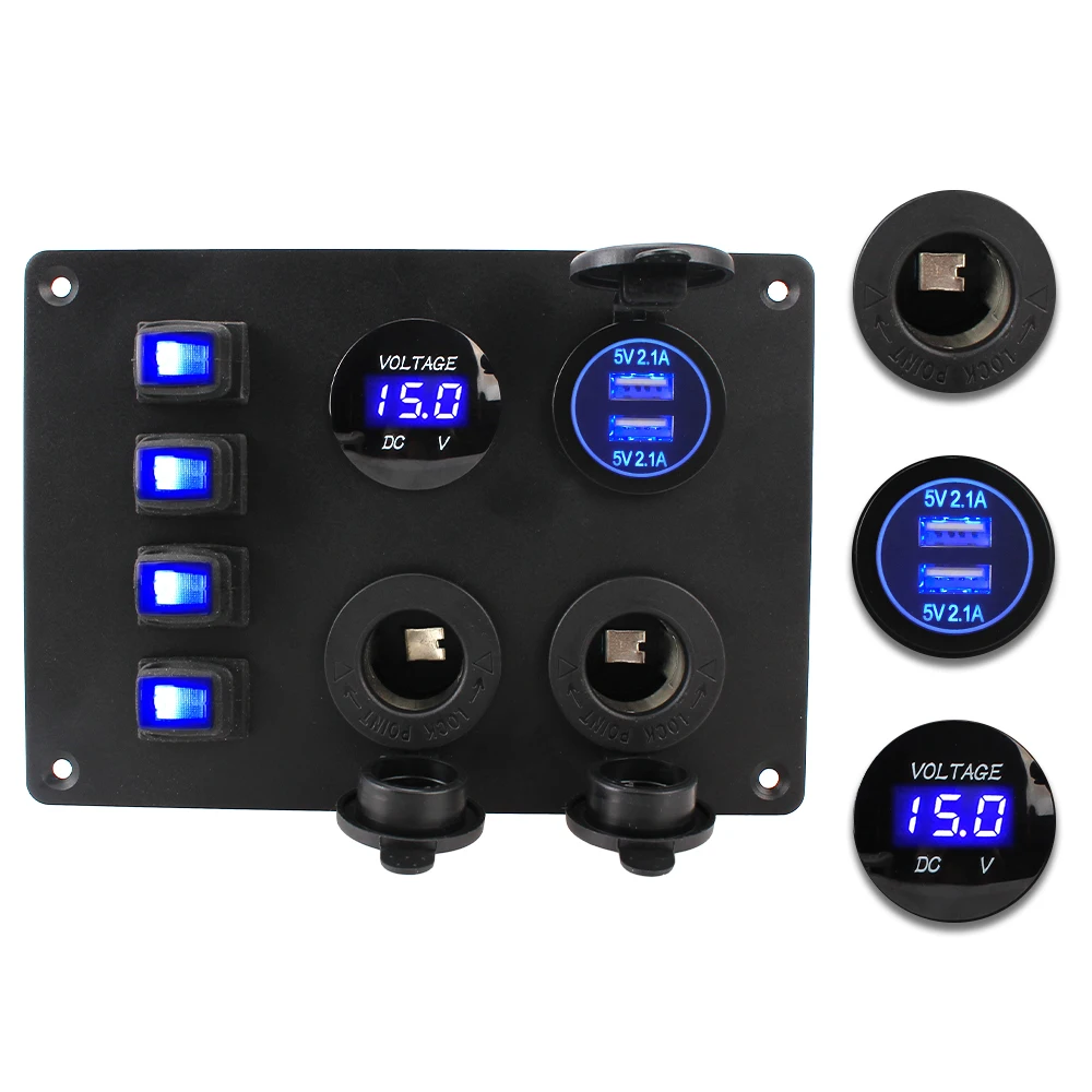 

For RV Auto Marine Car Switch Panel 4 Gang Toggle Switch USB Charger Blue LED Digital Overload Protection 12V/24V