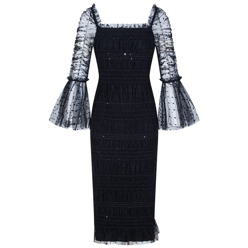 

GALCAUR Black Party Dress For Women Slash Neck Flare Sleeve High Waist Patchwork Lace Sequins Designer Dresses Female 2021 Tide