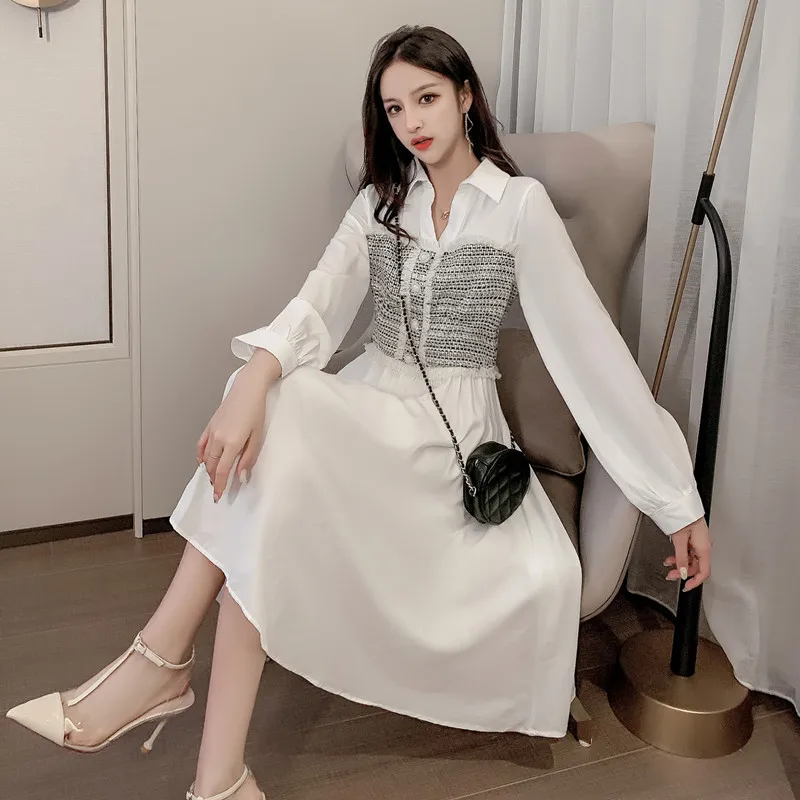 

Autumn Women Fashion Slim Medium Knee Dress 2020 New Ladies Elegant White turn-dow Knee Sleeves Lotus Edge A-line Dresses