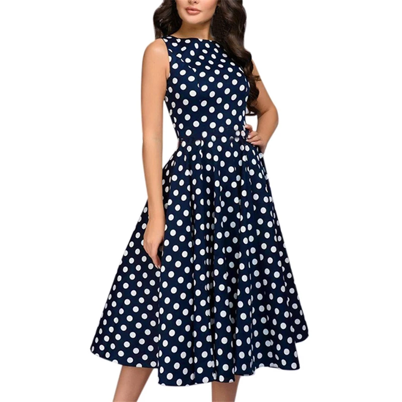 

Dot print sleeveless summer dress, fashion, retro, zipper, knee length