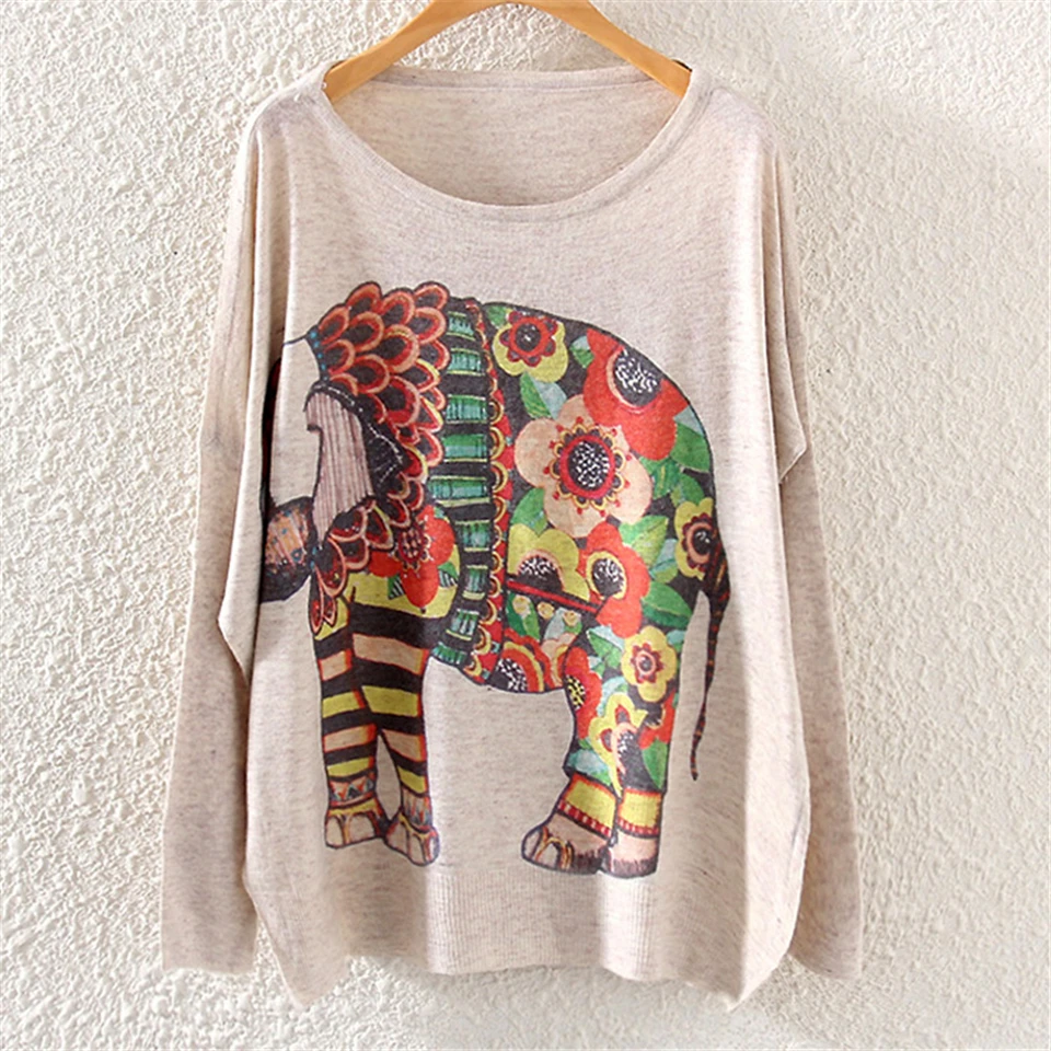 

Loose Style Cat Family Print Pullover Long Sleeve V-Neck Rose Flower Print Knit Sweater Animal Elephant Horse Print Top