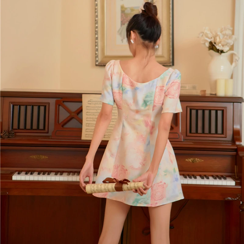 

Kimotimo Sweet Print Dress Women 2021 Summer Design Front and Back Two Wear Cute Girls Waist Short A-Line Dress Elegant Fashion